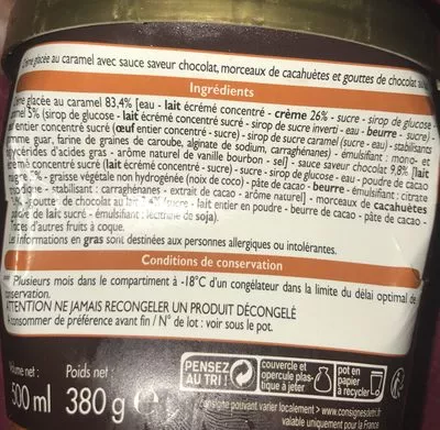 Lista de ingredientes del producto Xtra Savoureux Caramel & Cacahuètes Leader Price 380 g - 500 ml