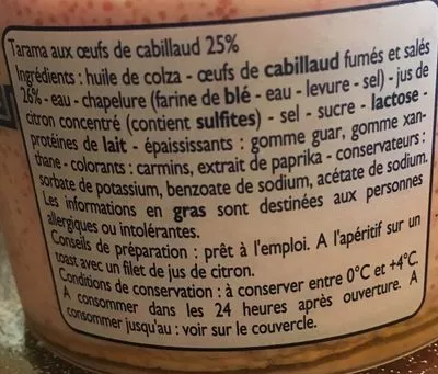 Lista de ingredientes del producto Tarama aux oeufs de cabillaud Leader Price 100 g