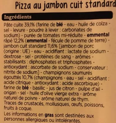 Lista de ingredientes del producto Pizza jambon champignon Franprix 450 g