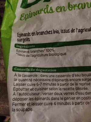 Lista de ingredientes del producto Epinards en branches Franprix Bio 