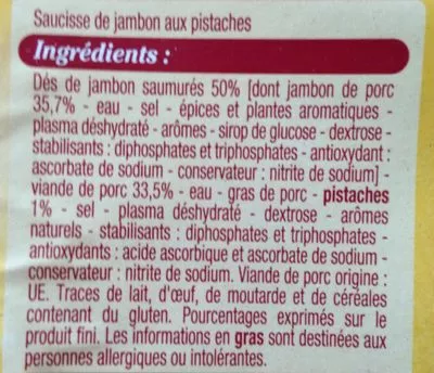 Lista de ingredientes del producto Saucisse de jambon Leader Price 250 g