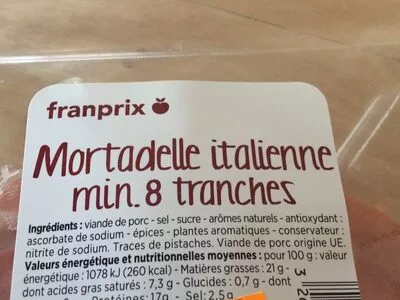 Lista de ingredientes del producto Mortadelle Italienne (8 tranches) Franprix 150g