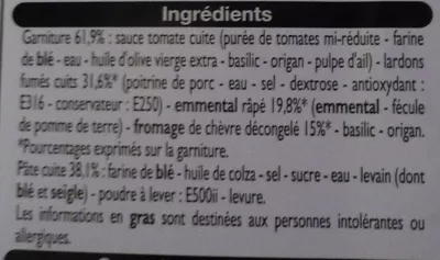 Lista de ingredientes del producto Pizza Lardons Chèvre Leader Price 180 g