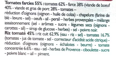 Lista de ingredientes del producto Tomates farcies et riz cuisiné Leader Price 380 g (1 Pers.)