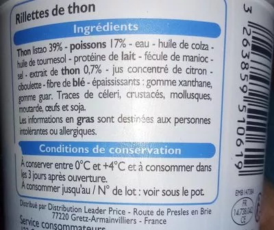 Lista de ingredientes del producto Rillettes de Thon Leader Price 150 g