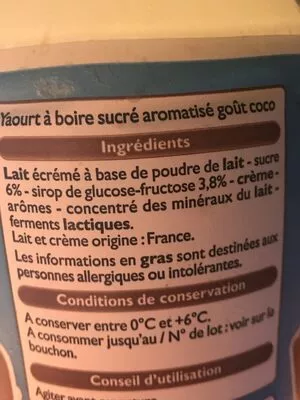 Lista de ingredientes del producto Yaourt à boire aromatisé goût Coco leader price 850 g