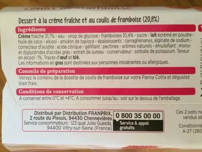 Lista de ingredientes del producto Panna cotta coulis framboise Franprix 240 g