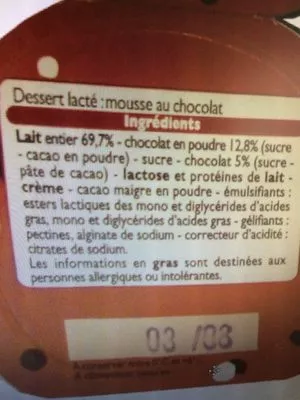 Lista de ingredientes del producto Mini mousse au chocolat Leader Price 