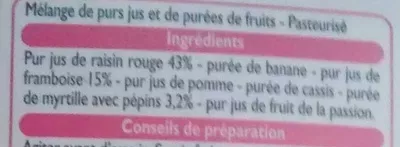 Lista de ingredientes del producto Smoothie framboise myrtille Leader Price, DLP (Distribution Leader Price), Groupe Casino, Fruits délice 750 ml