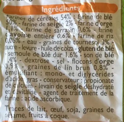 Lista de ingredientes del producto Pain de mie 7 céréales Leader Price 550 g (14 tranches)