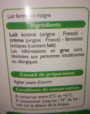 Lista de ingredientes del producto Lait fermenté Leader Price, DLP (Distribution Leader Price), Groupe Casino 1 L