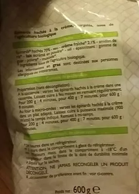 Lista de ingredientes del producto Épinards hachés à la crème  