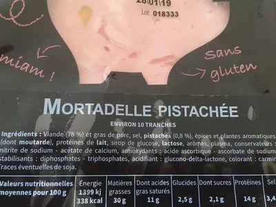 Lista de ingredientes del producto Mortadelle pur porc pistachée Berni 100 g