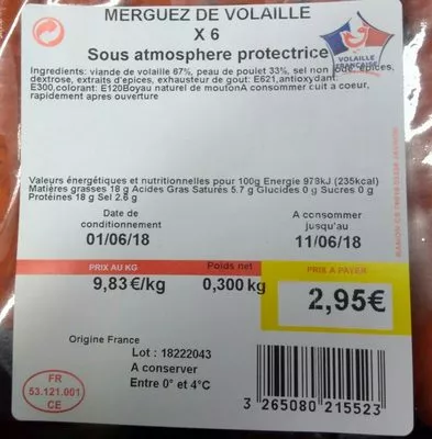 Lista de ingredientes del producto Merguez de Volaille  