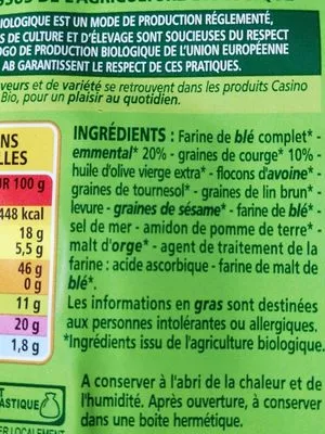 Lista de ingredientes del producto Crackers Emmental et Graines de courge Carrefour Bio, Carrefour 