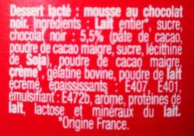 Lista de ingredientes del producto Mousse chocolat noir Campagne de France 216 g (4 * 54 g)