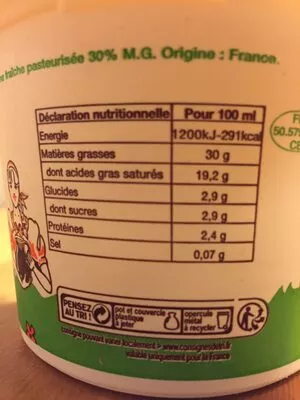 Lista de ingredientes del producto Creme fraiche 30%mg  