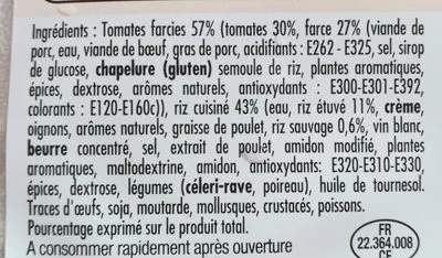 Lista de ingredientes del producto Tomates Farcies Les Recettes Bocaron 350 g