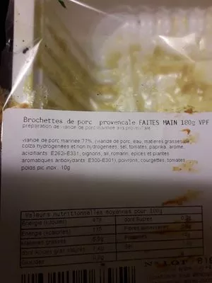 Lista de ingredientes del producto Brochettes de porc  