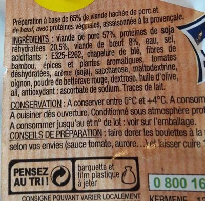 Lista de ingredientes del producto Boulettes à la Provençale Sans marque, Kerméné 700 g