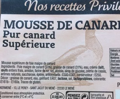 Lista de ingredientes del producto Mousse de canard Nos Recettes Privilege 170 g