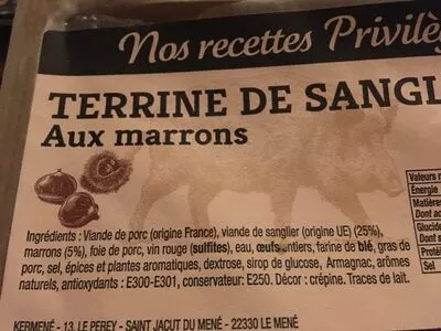 Lista de ingredientes del producto Terrine de sanglier aux marrons Nos Recettes Privilege 