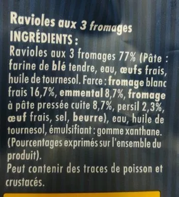 Lista de ingredientes del producto Ravioles à poêler 3 fromages Saint-Jean 300 g