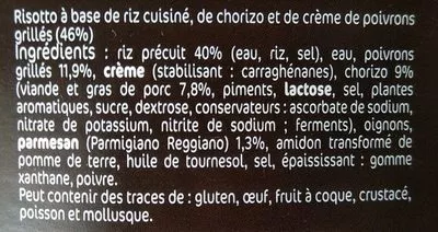 Lista de ingredientes del producto Risotto Chorizo Crème de poivrons grillés Saint Jean 