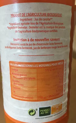 Lista de ingredientes del producto Jus de Carotte Lacto Fermenté La Vie Claire 75 cl