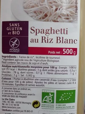 Lista de ingredientes del producto Spaghetti au riz blanc La Vie Claire 500 g