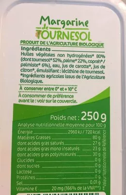 Lista de ingredientes del producto Margarine De Tournesol La Vie Claire 250 g