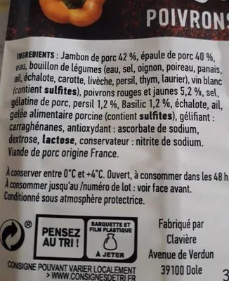 Lista de ingredientes del producto Jambon persillé poivrons basilic  200 g