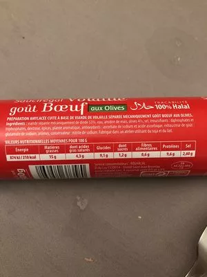 Lista de ingredientes del producto Saucisson volaille bœuf Réghalal 