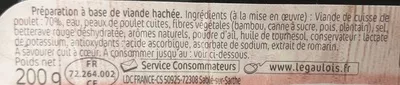 Lista de ingredientes del producto 2 Hachés de viande de cuisse de poulet Le Gaulois 200 g