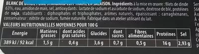 Lista de ingredientes del producto Blanc De Dinde Fumé Reghalal 