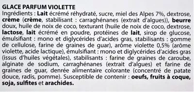 Lista de ingredientes del producto Glace VIOLETTE, au miel des Alpes HDG, Histoires De Glaces 750 ml (487,5 g)