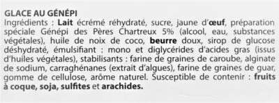 Lista de ingredientes del producto Glace GENEPI, des Pères Chartreux HDG, Histoires De Glaces 750 ml (487.5 g)