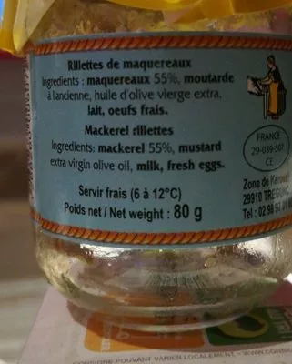 Lista de ingredientes del producto Rillettes de maquereaux Conserverie Courtin 80 g