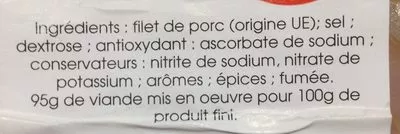 Lista de ingredientes del producto Filet de bacon - 10 tranches Merle 100 g