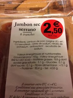 Lista de ingredientes del producto Jambon sec Serrano 100 g