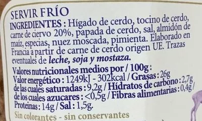 Lista de ingredientes del producto Paté de ciervo Belesa Belesa 180 g