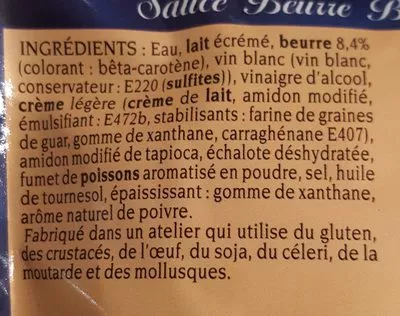 Lista de ingredientes del producto Beurre blanc Gastromer Allegee Gastromer 