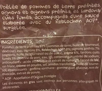 Lista de ingredientes del producto Tartiflette au Reblochon  