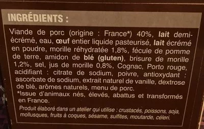 Lista de ingredientes del producto Boudins Blancs aux Morilles Picard 500 g