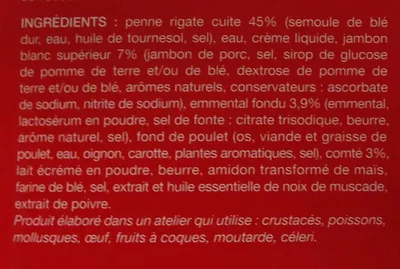 Lista de ingredientes del producto Penne rigate au jambon et fromage, Surgelées Picard, Formule express 300 g