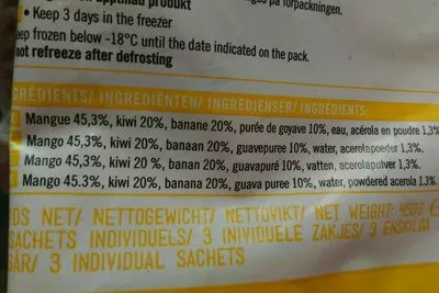 Lista de ingredientes del producto Fruits smoothie mangue kiwi banane goyave acerola Picard 450 g