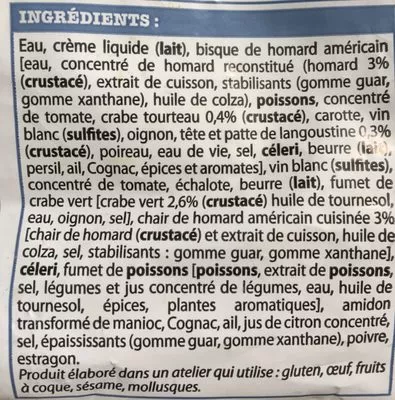 Lista de ingredientes del producto Ma Sauce crustacé Picard 200 g e