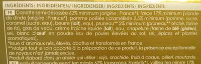 Lista de ingredientes del producto Canette farcie aux pommes et pruneaux Picard 