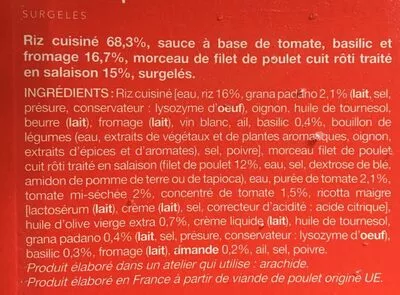 Lista de ingredientes del producto Poulet et Risotto, Sauce Pesto Rosso Picard 300 g e