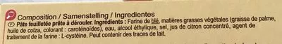 Lista de ingredientes del producto Pâte feuilletée (lot de 2) Carrefour 460 g (2 x 230 g)